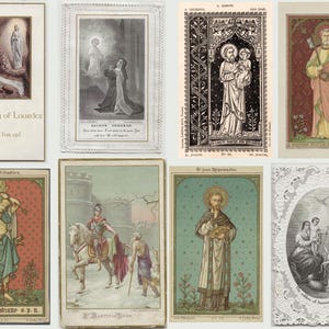 May include: A collection of vintage religious cards featuring various saints and biblical scenes. The cards display detailed illustrations with ornate borders and text, showcasing a range of colors and artistic styles. The cards are rectangular and appear to be printed on paper.
