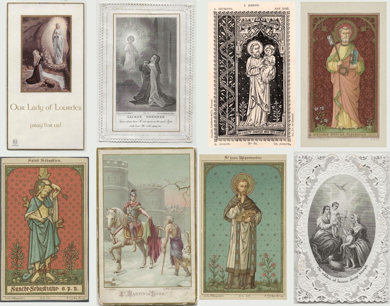 May include: A collection of vintage religious cards featuring various saints and biblical scenes. The cards display detailed illustrations with ornate borders and text, showcasing a range of colors and artistic styles. The cards are rectangular and appear to be printed on paper.