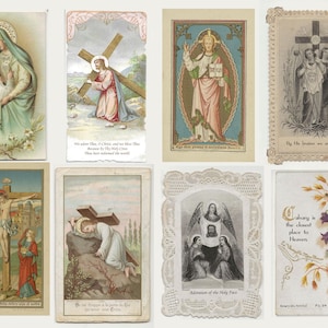 May include: A collection of vintage religious cards featuring illustrations of biblical scenes. The cards depict figures such as Jesus, angels, and Mary, with detailed artwork and ornate borders. The color palette includes soft pastels and muted tones.
