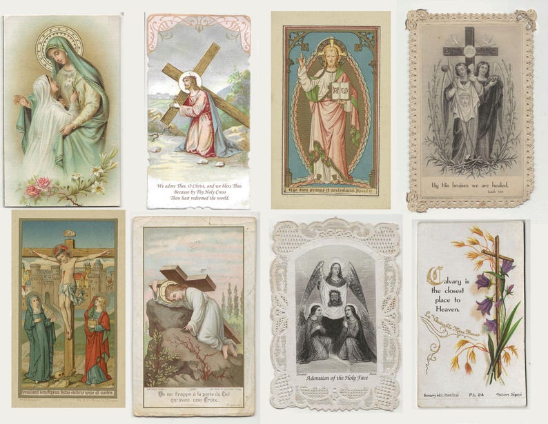 May include: A collection of vintage religious cards featuring illustrations of biblical scenes. The cards depict figures such as Jesus, angels, and Mary, with detailed artwork and ornate borders. The color palette includes soft pastels and muted tones.