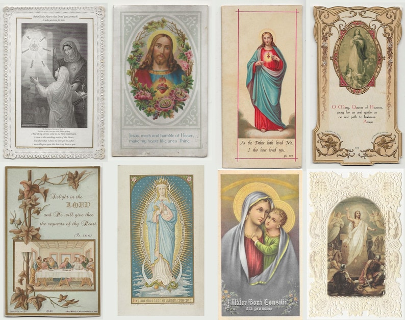 May include: Collection of vintage religious cards featuring illustrations of Jesus, Mary, and other biblical scenes. The cards showcase various artistic styles, including detailed portraits and symbolic imagery, with ornate borders and text.