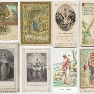 May include: A collection of vintage religious cards featuring various illustrations. The cards depict scenes with figures, including Jesus, angels, and biblical events. The color palette includes soft pastels and sepia tones, with ornate borders and text.