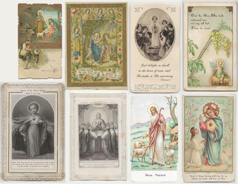 May include: A collection of vintage religious cards featuring various illustrations. The cards depict scenes with figures, including Jesus, angels, and biblical events. The color palette includes soft pastels and sepia tones, with ornate borders and text.