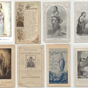 May include: A collection of vintage religious cards featuring illustrations of the Virgin Mary and Jesus. The cards vary in style, with some in color and others in black and white, showcasing different artistic interpretations.