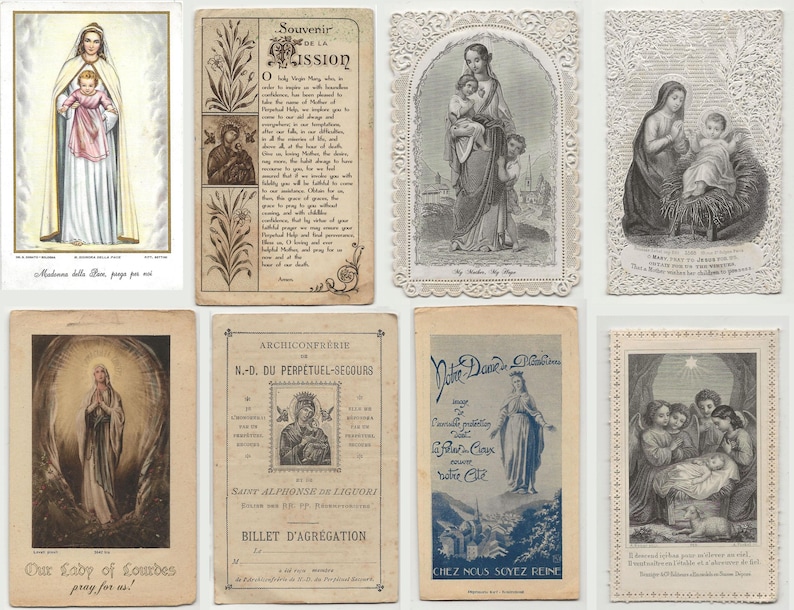 May include: A collection of vintage religious cards featuring illustrations of the Virgin Mary and Jesus. The cards vary in style, with some in color and others in black and white, showcasing different artistic interpretations.