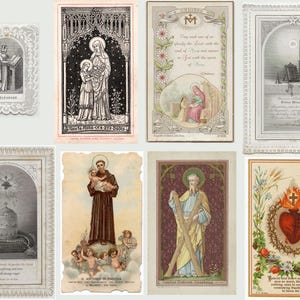 May include: A collection of vintage religious cards featuring various saints and religious imagery. The cards showcase detailed illustrations, including depictions of the Virgin Mary, Jesus, and other religious figures. The cards are in various colors and styles.