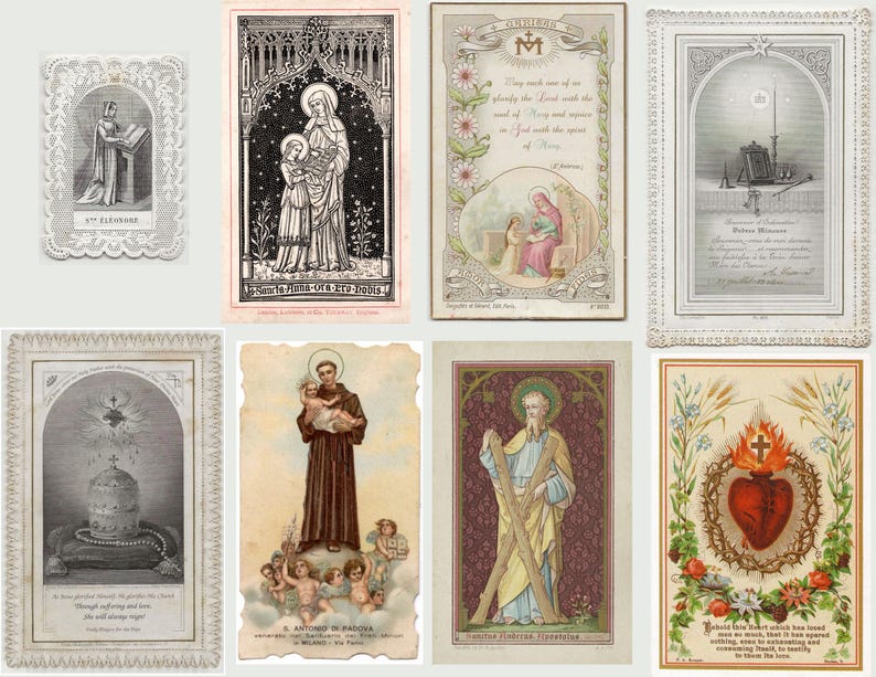 May include: A collection of vintage religious cards featuring various saints and religious imagery. The cards showcase detailed illustrations, including depictions of the Virgin Mary, Jesus, and other religious figures. The cards are in various colors and styles.