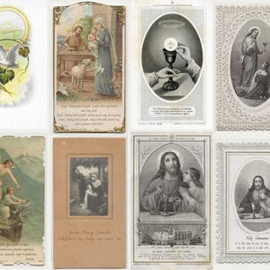 May include: A collection of vintage religious cards featuring various illustrations. The cards depict scenes of Jesus, Mary, and Joseph, angels, and the Holy Communion. The cards are in various sizes and styles, with detailed artwork and text.
