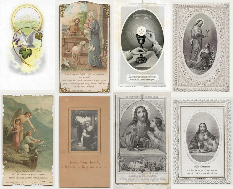 May include: A collection of vintage religious cards featuring various illustrations. The cards depict scenes of Jesus, Mary, and Joseph, angels, and the Holy Communion. The cards are in various sizes and styles, with detailed artwork and text.
