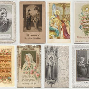 May include: Collection of vintage religious cards featuring illustrations of biblical scenes and figures. The cards depict the Virgin Mary, Jesus, and other religious figures. Some cards have decorative borders and text.