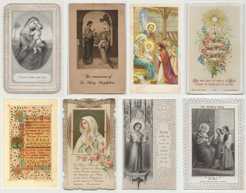 May include: Collection of vintage religious cards featuring illustrations of biblical scenes and figures. The cards depict the Virgin Mary, Jesus, and other religious figures. Some cards have decorative borders and text.
