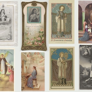 May include: A collection of vintage religious cards featuring illustrations of saints and religious figures. The cards showcase various artistic styles, including detailed drawings and painted images, with ornate frames and decorative elements. The color palette includes muted tones and gold accents.