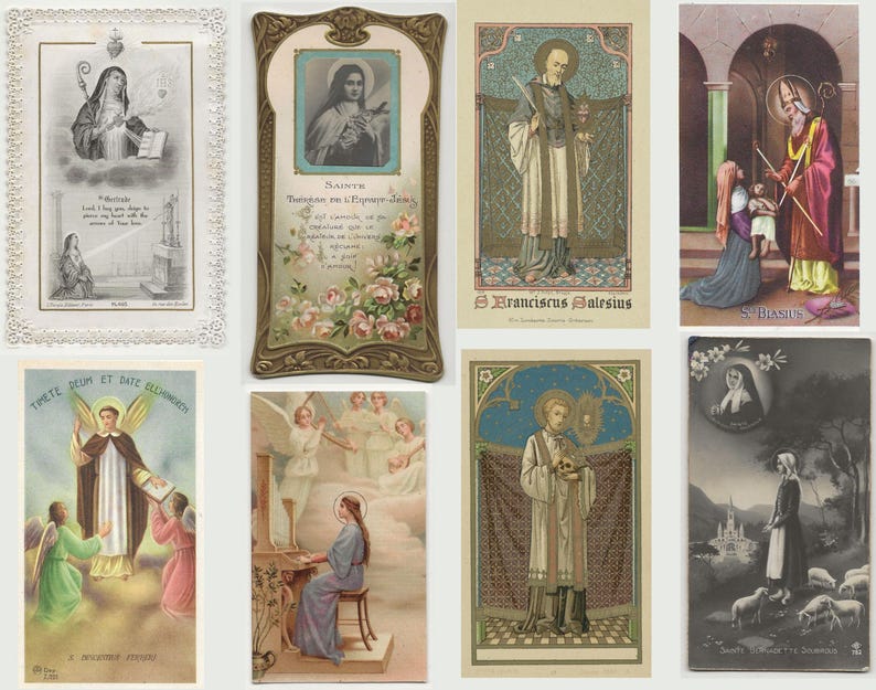 May include: A collection of vintage religious cards featuring illustrations of saints and religious figures. The cards showcase various artistic styles, including detailed drawings and painted images, with ornate frames and decorative elements. The color palette includes muted tones and gold accents.