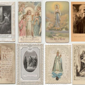 May include: A collection of vintage religious cards featuring various illustrations. The cards depict religious figures, angels, and scenes, with ornate borders and text. The color palette includes sepia tones, pastels, and gold accents, creating a nostalgic aesthetic.