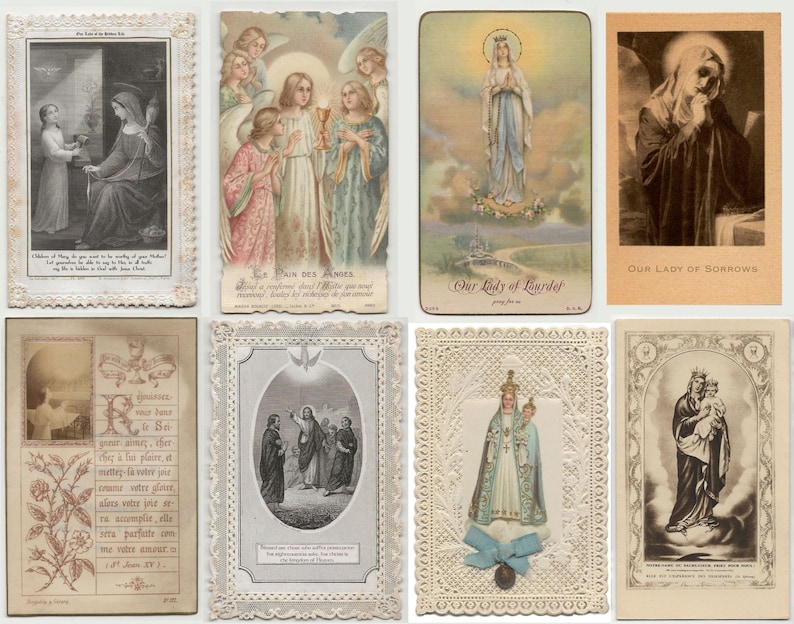May include: A collection of vintage religious cards featuring various illustrations. The cards depict religious figures, angels, and scenes, with ornate borders and text. The color palette includes sepia tones, pastels, and gold accents, creating a nostalgic aesthetic.