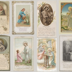 May include: A collection of eight vintage religious cards. The cards feature illustrations of Jesus, saints, and angels, with ornate frames and floral accents. Some cards include text, such as prayers and quotes. The color palette is soft, with muted tones and gold detailing.