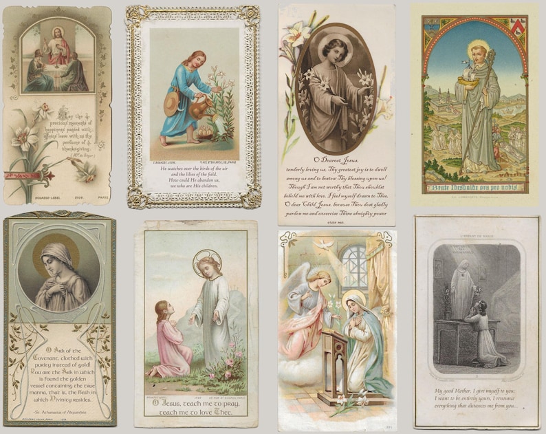 May include: A collection of eight vintage religious cards. The cards feature illustrations of Jesus, saints, and angels, with ornate frames and floral accents. Some cards include text, such as prayers and quotes. The color palette is soft, with muted tones and gold detailing.