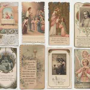 May include: A collection of vintage religious cards featuring illustrations of Jesus, angels, and religious scenes. The cards have ornate borders and text in various fonts. The color palette includes soft pastels, gold, and sepia tones.