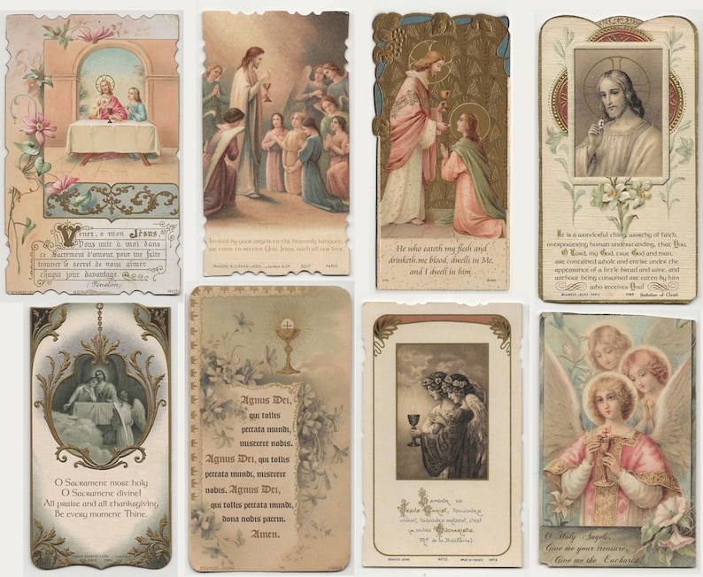 May include: A collection of vintage religious cards featuring illustrations of Jesus, angels, and religious scenes. The cards have ornate borders and text in various fonts. The color palette includes soft pastels, gold, and sepia tones.