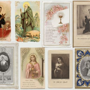 May include: A collection of vintage religious cards featuring various saints and religious scenes. The cards display illustrations of St. John the Apostle, St. Stanislaus, and other figures. The cards have ornate borders and are in various colors.
