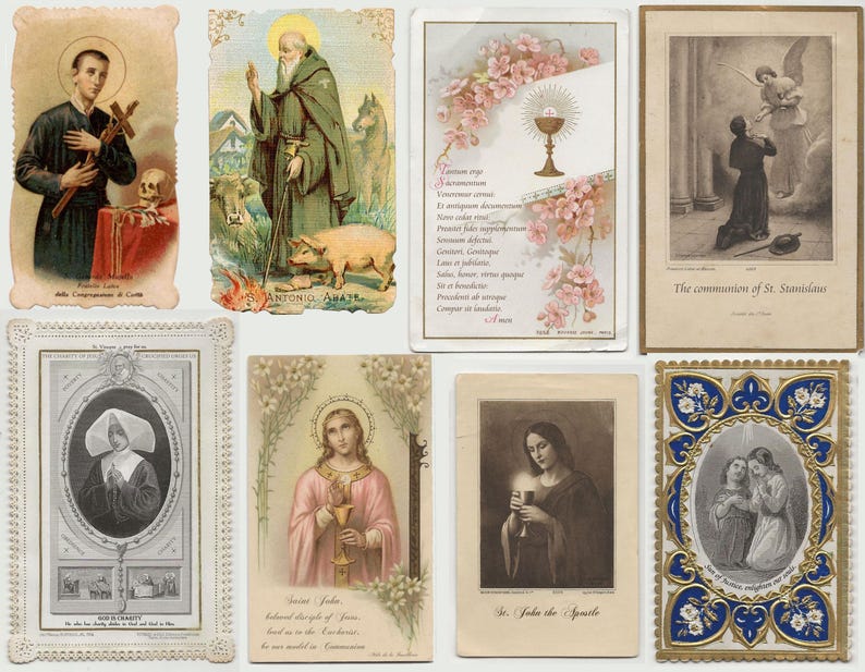 May include: A collection of vintage religious cards featuring various saints and religious scenes. The cards display illustrations of St. John the Apostle, St. Stanislaus, and other figures. The cards have ornate borders and are in various colors.
