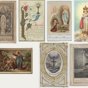May include: A collection of vintage religious cards featuring illustrations of saints, angels, and biblical scenes. The cards display various artistic styles, including detailed drawings and ornate borders. Some cards have text in English and Latin.
