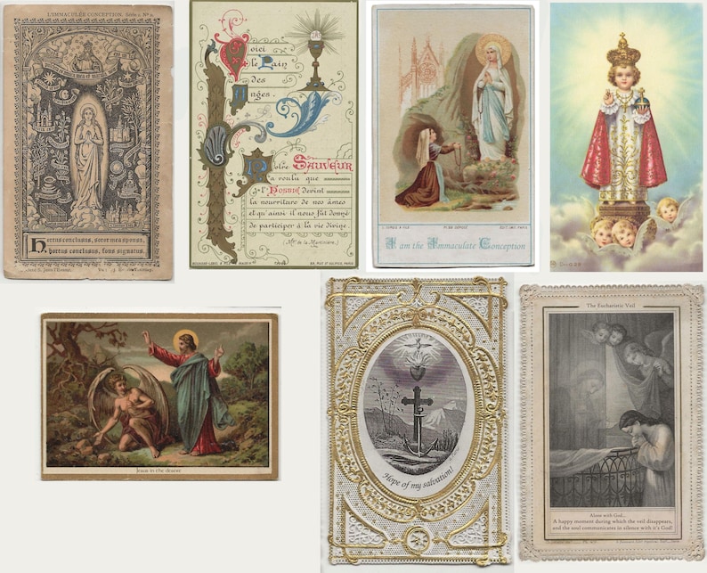 May include: A collection of vintage religious cards featuring illustrations of saints, angels, and biblical scenes. The cards display various artistic styles, including detailed drawings and ornate borders. Some cards have text in English and Latin.