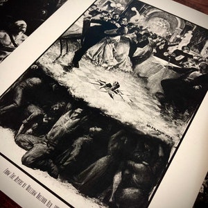 May include: A black and white illustration depicting a stark contrast between a lavish party scene above ground and a group of people huddled together in the shadows below. The text "From the Depths by William Allen Decker" is visible at the bottom of the image.