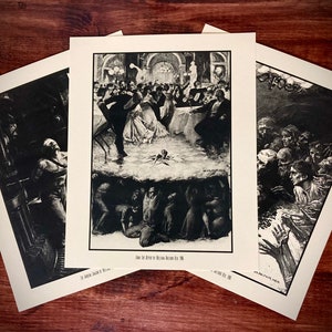 May include: Three black and white prints of a scene depicting a party above ground with people dancing and a group of people reaching up from below. The text on the prints reads "The Dance of Death in Vienna 1918."