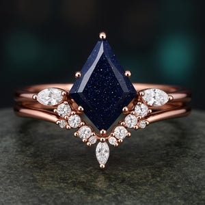 Kite Cut Blue Sandstone Ring Set | Moissanite Rose Gold Engagement Ring | Celestial Wedding Ring | Unique Gift for Her
