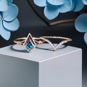 Alexandrite engagement ring set kite cut ring 14k rose gold vintage unique snowdrift engagement ring diamond bridal wedding ring for women