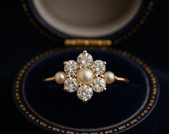 14k Gold Pearl Daisy Ring - Vintage Floral Solitaire