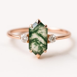 Förlovningsring med hexagonal mossagat: Solitaire i roséguld, vintage bröllopssmycken