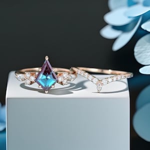 Alexandrite engagement ring set kite cut ring 14k rose gold vintage unique snowdrift engagement ring diamond bridal wedding ring for women