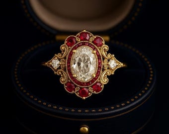 May include: A gold ring with a large, oval-cut, clear gemstone at the center, surrounded by smaller red gemstones and gold filigree. The ring is set in a dark blue jewelry box, creating a striking contrast.