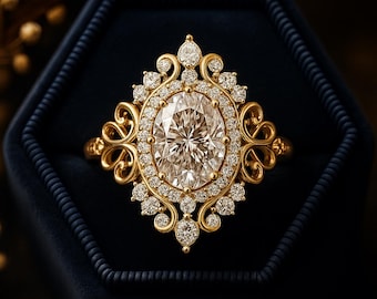 May include: A gold ring with an oval-cut diamond center stone, surrounded by smaller diamonds and ornate gold filigree. The ring is set in a dark blue velvet box, showcasing its intricate design and sparkle. A classic and elegant piece of jewelry.