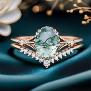 Oval Moss Agate Engagement Ring Set: Rose Gold Vintage Bridal Ring