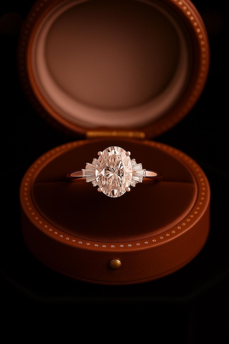 Puede incluir: Un anillo de compromiso de diamantes de talla ovalada con piedras laterales de baguette, engastado en una banda de oro rosa, descansa dentro de un joyero de cuero marr&oacute;n. El anillo es el punto focal, con la caja como tel&oacute;n de fondo.