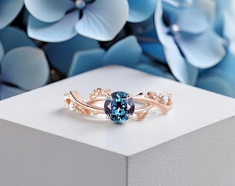 Vintage Alexandrite Ring: Rose Gold Leaf Branch, June Birthstone