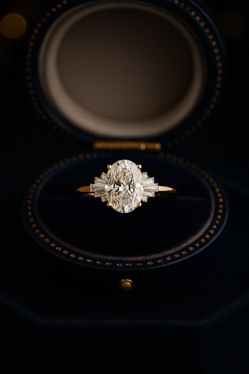 Puede incluir: Anillo de compromiso de oro con un diamante central de talla ovalada y diamantes baguette m&aacute;s peque&ntilde;os a cada lado. El anillo se presenta en una caja de terciopelo azul oscuro.