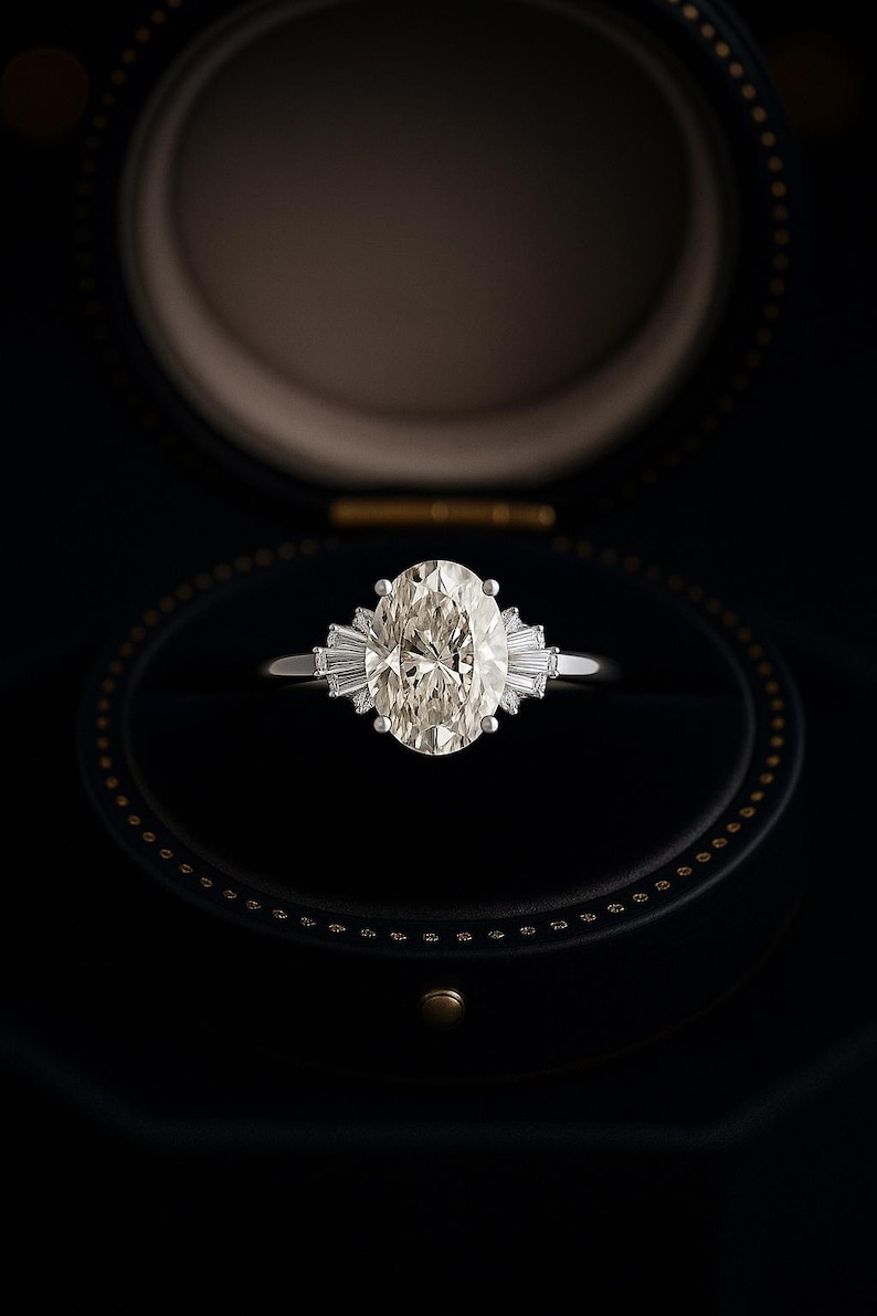 Puede incluir: Un anillo de compromiso de diamantes de talla ovalada con piedras laterales de baguette, engastado en una banda plateada. El anillo se muestra en un joyero negro con interior dorado. La piedra central grande es el punto focal.