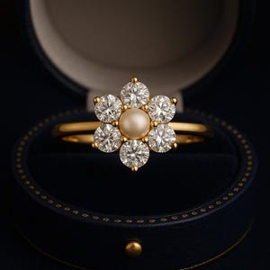14k Solid Gold Pearl Engagement Daisy Ring, Vintage Pearl Solitaire Ring, Art Deco Floral Ring, White Pearl Cocktail Ring, Nature Ring