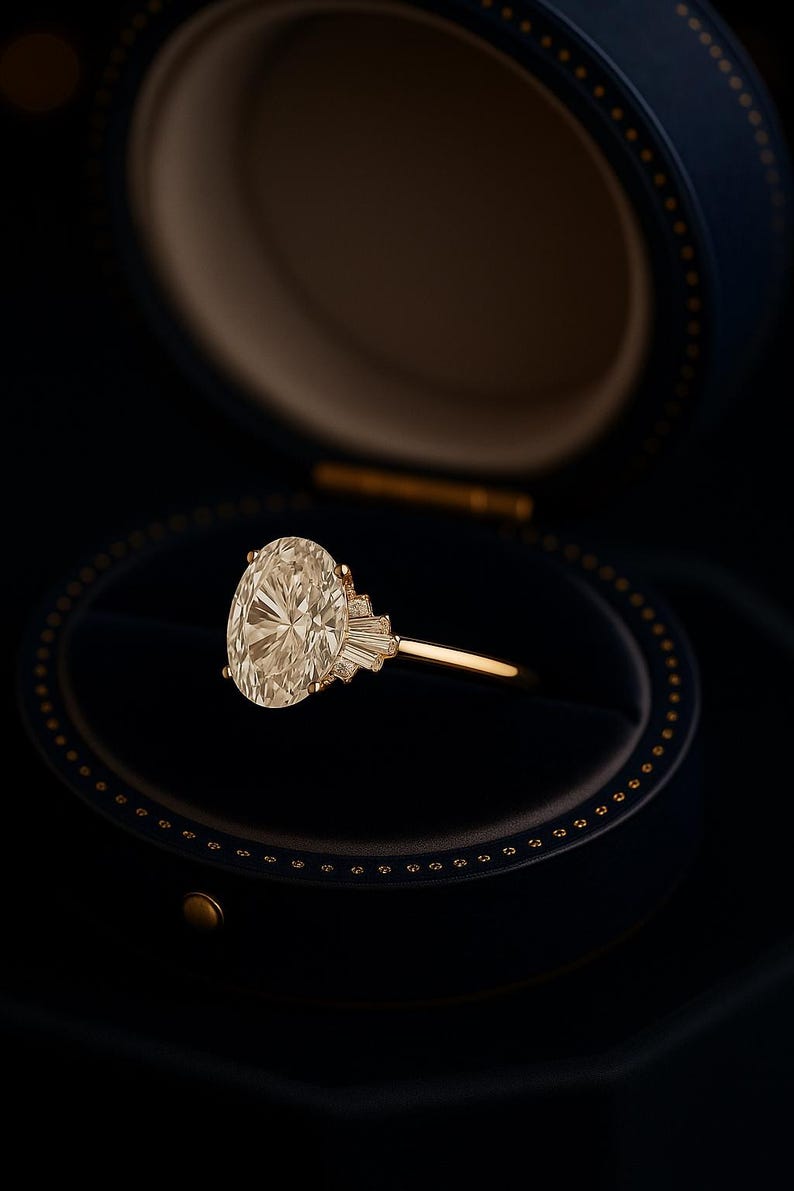 Puede incluir: Un anillo de oro con un gran diamante de talla ovalada como pieza central, engastado en una banda de oro. El diamante est&aacute; rodeado de diamantes m&aacute;s peque&ntilde;os, de talla baguette, a cada lado. El anillo se muestra en un joyero azul oscuro.