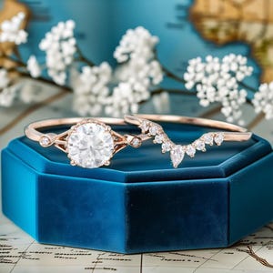 Vintage Moissanite engagement ring set Unique Rose gold engagement ring Round cut Diamond cluster ring Bridal wedding ring set promise ring
