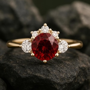 Round Garnet Engagement Ring with Moissanite | Cluster Ring in Gold | January Birthstone Ring | Unique Promise or Bridal Jewelry