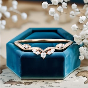 Unique Moissanite Enhancer Curved wedding band rose gold diamond wedding band Art deco ring Promise ring Bridal Antique Matching ring