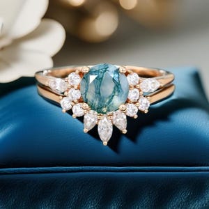 Handcrafted moss agate engagement ring with Art deco leaf design in solid 14K white gold -Nature inspired cluster ring for Anniversary gifts