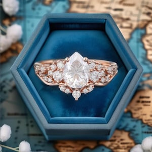 Pear Moissanite Ring Set: Vintage Rose Gold Bridal Set