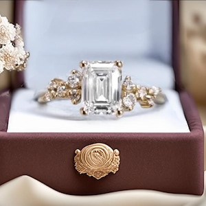 14k Gold Cushion Moissanite Engagement Ring: Vintage Cluster Accent