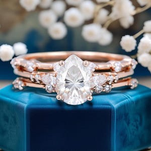 Pear Moissanite Engagement Ring Set: Rose Gold Vintage Marquise Wedding Band